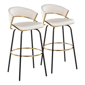 Jie 30" Fixed-Height Contemporary Barstool with Swivel in Gold Metal and White Faux Leather with Black Metal Legs and Round Gold Metal Footrest by LumiSource - Set of 2 B202S00609