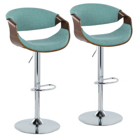 Curvo Mid-Century Modern Adjustable Barstool with Swivel in Walnut Wood and Teal Fabric with Chrome Metal by LumiSource - Set of 2 B202S00798