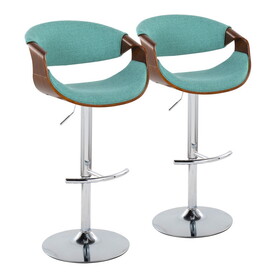 Curvo Mid-Century Modern Adjustable Barstool with Swivel in Chrome Metal, Walnut Wood and Teal Fabric with Rounded T Footrest by LumiSource - Set of 2 B202S00808