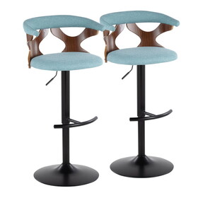 Gardenia Contemporary Adjustable Barstool with Swivel in Black Metal, Walnut Wood and Teal Fabric with Rounded T Footrest by LumiSource - Set of 2 B202S00857