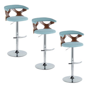 Gardenia Mid-Century Modern Adjustable Barstool with Swivel in Chrome Metal, Walnut Wood and Teal Fabric with Rounded T Footrest by LumiSource - Set of 3 B202S00870