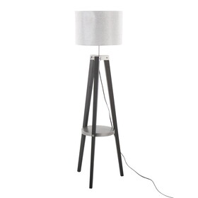 Compass Mid-Century Modern Floor Lamp with Shelf in Black Wood, Silver Metal and Grey Linen by LumiSource B202S01360