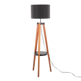 Compass Mid-Century Modern Floor Lamp with Shelf in Walnut Wood, Black Metal and Black Linen by LumiSource B202S01361