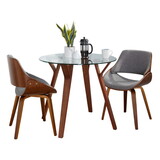 Folia Round Fabrizzi Mid-Century Modern Dining Set in Walnut Wood, Round Clear Tempered Glass and Grey Fabric by LumiSource - 3 Piece B202S01415