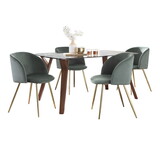 Folia-Fran Mid-Century Modern Dining Set in Walnut Wood, Clear Glass Tabletop and Gold Metal with Sage Green Velvet by LumiSource - 5 Piece B202S01432