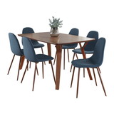 Folia Pebble Mid-Century Modern Dining Set in Walnut Wood, Walnut Metal and Blue Fabric by LumiSource - 7 Piece B202S01439