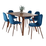 Folia Pebble Mid-Century Modern Dining Set in Walnut Wood, Walnut Metal and Blue Velvet by LumiSource - 7 Piece B202S01440