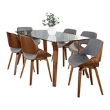 Folia Fabrizzi Mid-Century Modern Dining Set in Walnut Wood, Clear Tempered Glass and Grey Fabric by LumiSource - 7 Piece B202S01443