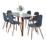 Folia Pebble Mid-Century Modern Dining Set in Walnut Wood, Clear Tempered Glass, Walnut Metal and Blue Fabric by LumiSource - 7 Piece B202S01444