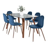 Folia Pebble Mid-Century Modern Dining Set in Walnut Wood, Clear Tempered Glass, Walnut Metal and Blue Velvet by LumiSource - 7 Piece B202S01445