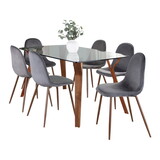 Folia Pebble Mid-Century Modern Dining Set in Walnut Wood, Clear Tempered Glass, Walnut Metal and Grey Velvet by LumiSource - 7 Piece B202S01446