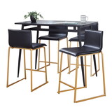 Marcel-Mara Upholstered Contemporary Counter Height Dining Set in Black Metal with Black Wood Tabletop and Gold Metal with Black Faux Leather by LumiSource - 5 Piece B202S01447