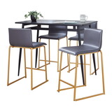 Marcel-Mara Upholstered Contemporary Counter Height Dining Set in Black Metal with Black Wood Tabletop and Gold Metal with Grey Faux Leather by LumiSource - 5 Piece B202S01449