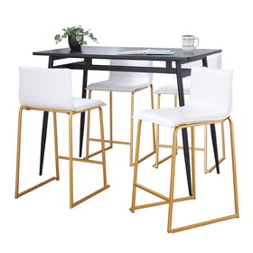 Marcel-Mara Upholstered Contemporary Counter Height Dining Set in Black Metal with Black Wood Tabletop and Gold Metal with White Faux Leather by LumiSource - 5 Piece B202S01450