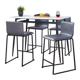 Marcel-Mara Upholstered Contemporary Counter Height Dining Set in Black Metal with White Wood Tabletop and Grey Faux Leather by LumiSource - 5 Piece B202S01453