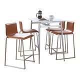 Marcel-Mara Upholstered Contemporary Counter Height Dining Set in Chrome Metal with White Wood Tabletop and Stainless Steel with Camel Faux Leather by LumiSource - 5 Piece B202S01456