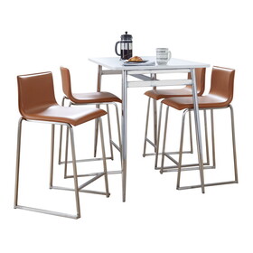 Marcel-Mara Upholstered Contemporary Counter Height Dining Set in Chrome Metal with White Wood Tabletop and Stainless Steel with Camel Faux Leather by LumiSource - 5 Piece B202S01456