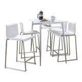 Marcel-Mara Upholstered Contemporary Counter Height Dining Set in Chrome Metal with White Wood Tabletop and Stainless Steel with White Faux Leather by LumiSource - 5 Piece B202S01458