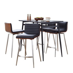 Marcel-Mason Swivel Contemporary Counter Height Dining Set in Black Metal with Black Wood Tabletop and Stainless Steel, Walnut Wood with Black Faux Leather by LumiSource - 5 Piece B202S01460