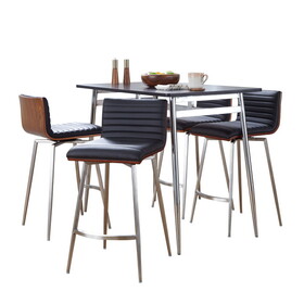 Marcel-Mason Swivel Contemporary Counter Height Dining Set in Chrome Metal with Black Wood Tabletop and Stainless Steel, Walnut Wood with Black Faux Leather by LumiSource - 5 Piece B202S01461