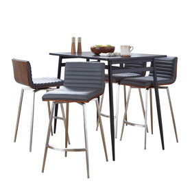 Marcel-Mason Swivel Contemporary Counter Height Dining Set in Black Metal with Black Wood Tabletop and Stainless Steel, Walnut Wood with Grey Faux Leather by LumiSource - 5 Piece B202S01463