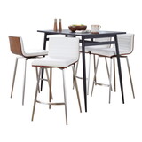 Marcel-Mason Swivel Contemporary Counter Height Dining Set in Black Metal with Black Wood Tabletop and Stainless Steel, Walnut Wood with White Faux Leather by LumiSource - 5 Piece B202S01467