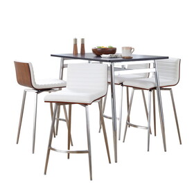 Marcel-Mason Swivel Contemporary Counter Height Dining Set in Chrome Metal with Black Wood Tabletop and Stainless Steel, Walnut Wood with White Faux Leather by LumiSource - 5 Piece B202S01468