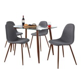 Clara-Pebble Mid-Century Modern Dining Set in Walnut Metal, Clear Glass Tabletop and Charcoal Fabric Seat by LumiSource - 5 Piece B202S01482