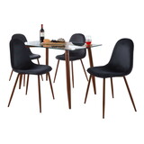 Clara-Pebble Mid-Century Modern Dining Set in Walnut Metal, Clear Glass Tabletop and Black Velvet Seat by LumiSource - 5 Piece B202S01484