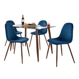 Clara-Pebble Mid-Century Modern Dining Set in Walnut Metal, Clear Glass Tabletop and Blue Velvet Seat by LumiSource - 5 Piece B202S01486