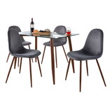 Clara-Pebble Mid-Century Modern Dining Set in Walnut Metal, Clear Glass Tabletop and Grey Velvet Seat by LumiSource - 5 Piece B202S01488