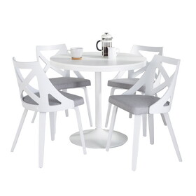 Dakota-Charlotte Contemporary Dining Set in White Steel with White Wood Tabletop and White Textured Wood with Light Grey Fabric by LumiSource - 5 Piece B202S01493