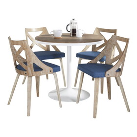 Dakota-Charlotte Contemporary Dining Set in White Metal with Brown Wood-Pressed Grain Bamboo Tabletop and Whitewashed Wood with Blue Fabric by LumiSource - 5 Piece B202S01495