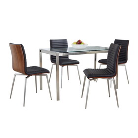 Fuji-Mason Swivel Contemporary Dining Set Dining Set in Brushed Stainless Steel, Clear Glass, Walnut Wood and Black Faux Leather by LumiSource - 5 Piece B202S01499