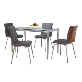 Fuji-Mason Swivel Contemporary Dining Set Dining Set in Brushed Stainless Steel, Clear Glass, Walnut Wood and Grey Faux Leather by LumiSource - 5 Piece B202S01500