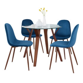 Folia Round Pebble Mid-Century Modern Dining Set in Walnut Wood, Round Clear Tempered Glass, Walnut Metal and Blue Velvet by LumiSource - 5 Piece B202S01504