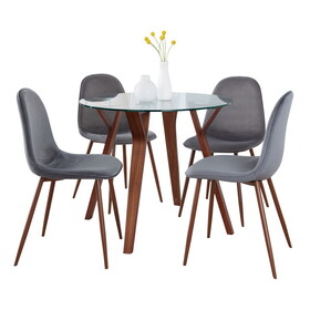 Folia Round Pebble Mid-Century Modern Dining Set in Walnut Wood, Round Clear Tempered Glass, Walnut Metal and Grey Velvet by LumiSource - 5 Piece B202S01505