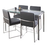 Fuji High Back Contemporary Dining Set in Brushed Stainless Steel, Clear Glass and Grey Faux Leather by LumiSource - 5 Piece B202S01509