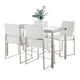 Fuji High Back Contemporary Dining Set in Brushed Stainless Steel, Clear Glass and White Faux Leather by LumiSource - 5 Piece B202S01510