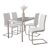 Fuji-Foster Contemporary Dining Set in Stainless Steel, Clear Glass and White Faux Leather by LumiSource - 5 Piece B202S01511