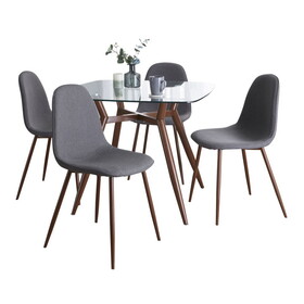 Clara-Pebble Mid-Century Modern Dining Set in Walnut Metal, Clear Glass Square Tabletop and Charcoal Fabric Seat by LumiSource - 5 Piece B202S01515