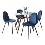 Clara-Pebble Mid-Century Modern Dining Set in Walnut Metal, Clear Glass Square Tabletop and Blue Velvet Seat by LumiSource - 5 Piece B202S01516