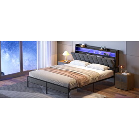 Full Bed Frame, Ergonomic Headboard with Multi-Space Storage, Bedframe with Charging Station RGB LED Lights B2716P332041