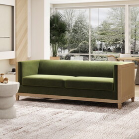 Georgia 81" Cane Rattan Tuxedo Sofa, Olive Green Performance Velvet