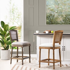 Triomphe Rattan Wicker High Back Armless Counter Bar Stool, White Pepper Stain Resistant High Performance Polyester B2719P238385