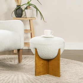 Bali 18.5" Round Upholstered Ottoman with Natural Wood Base, Ivory White Boucle B2719P238427