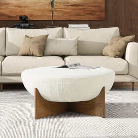 Bali 37" Round Upholstered Cocktail Ottoman with Natural Wood Base, Ivory White Boucle B2719P238428