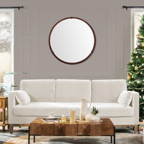 Hausen 31.5" Mid-Century Modern Round Accent Wall Mirror, Brown Walnut Wood & Veneer B2719P246002