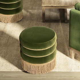 Edward 17.5" Round Upholstered Ottoman with Bullion Fringe, Olive Green Performance Velvet B2719P269269