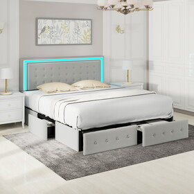 King Size LED Bed Frame with 4 Storage Drawers, Smart Control RGB LED Lights on Headboard, with Remote Control, Upholstered Adjustable Headbaord, Velvet